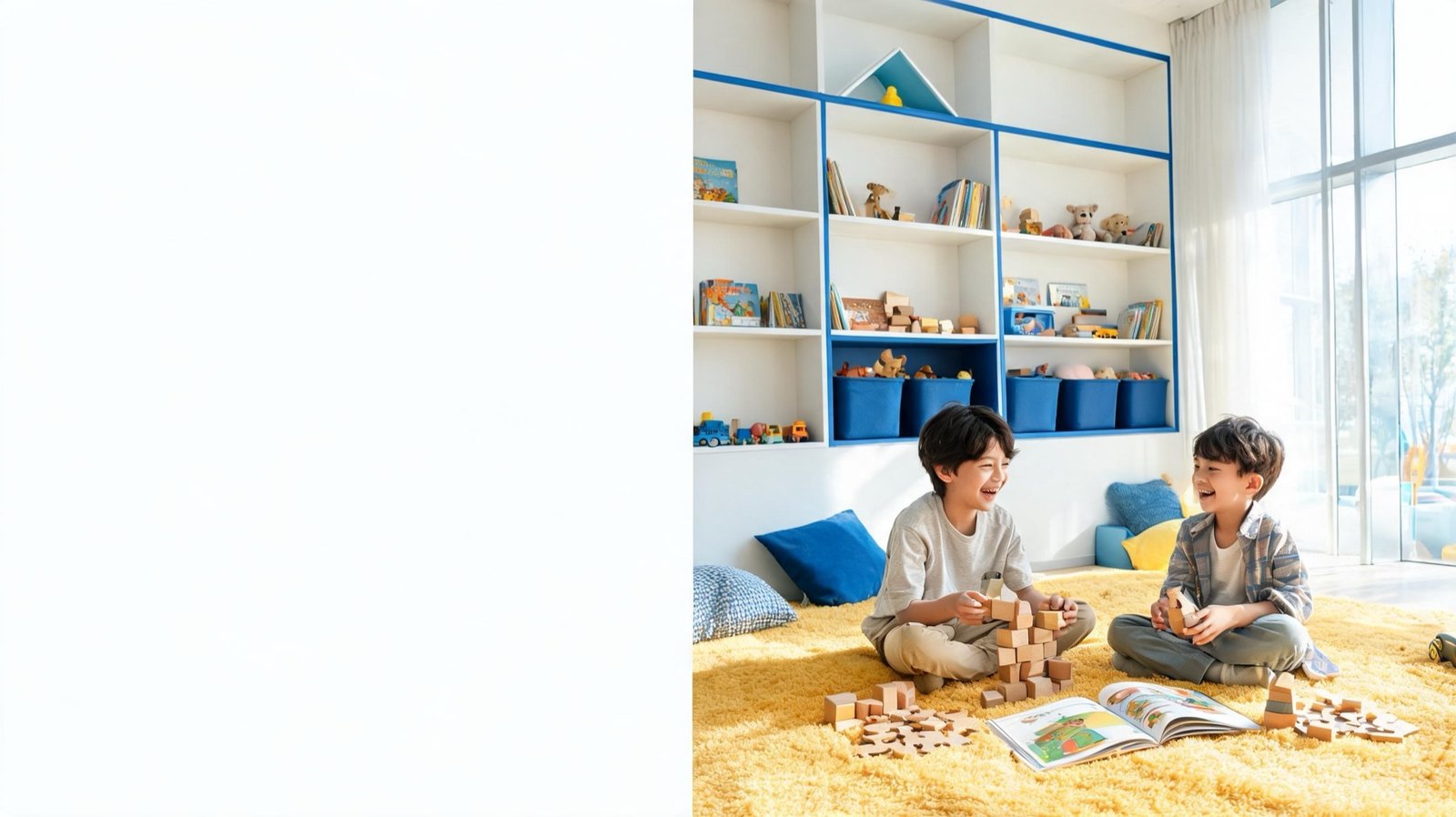 Children playing with wooden toys and books in a bright playroom